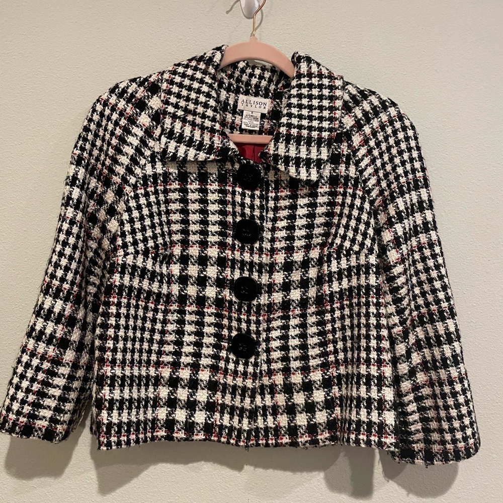 Black and white plaid Allison Taylor pea jacket. Size 8